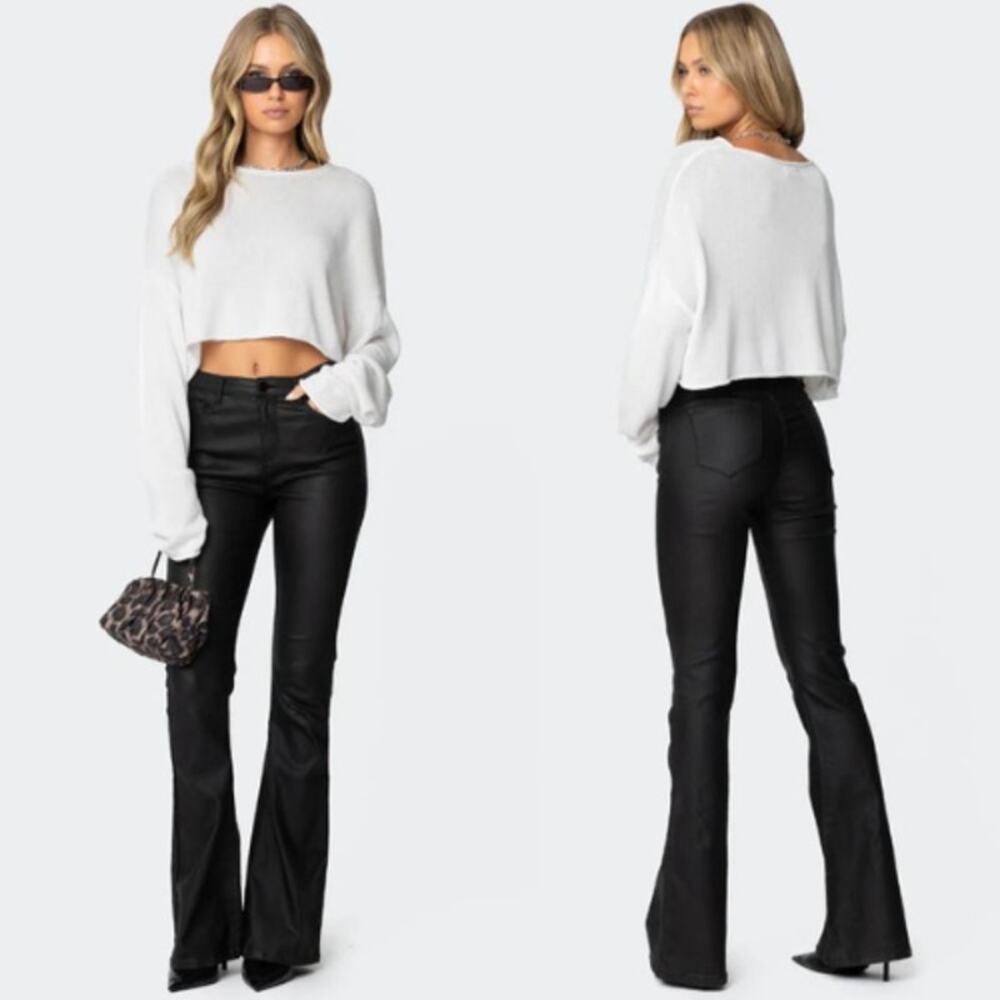 Edikted Luna Faux Leather Mid Rise Flare Jeans Y2K Baddie Black Womens Size XL